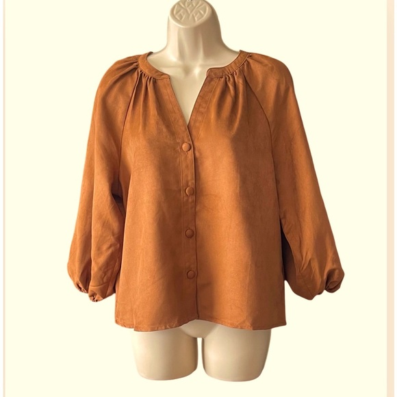 New Marc New York Womens Brown Balloon Sleeve Faux Suede Blouse Size S Button Up - Picture 1 of 10